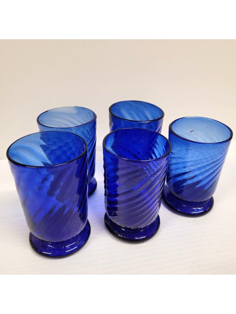 Hand Blown Cobalt Blue Swirl Set 5 Glasses Pontil Mark Rustic Drinkware Vintage